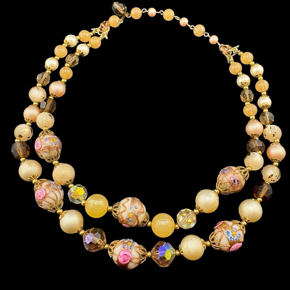 Vintage Venetian Necklace Wedding Cake Glass Bead Lampwork Aurora Borealis MCM
